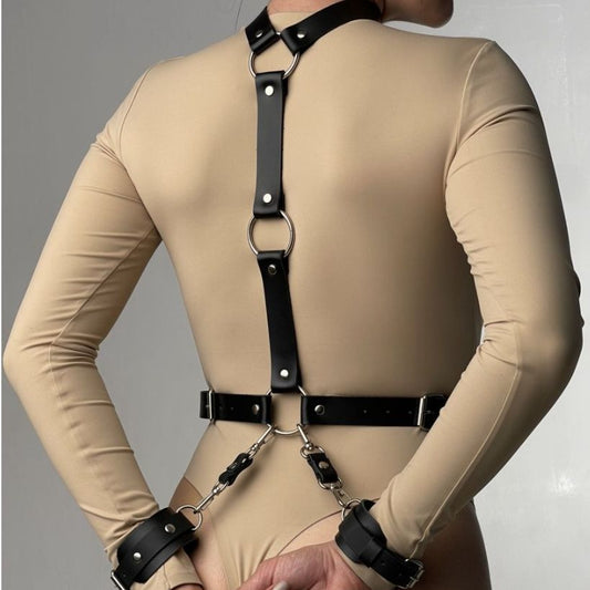 Harnais BDSM avec ou sans Menottes – Cuir Vegan Noir, Taille Unique